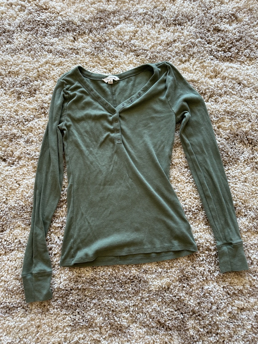 Lucky Brand Olive V-Neck Ribbed Henley Long Sleeve Sweater